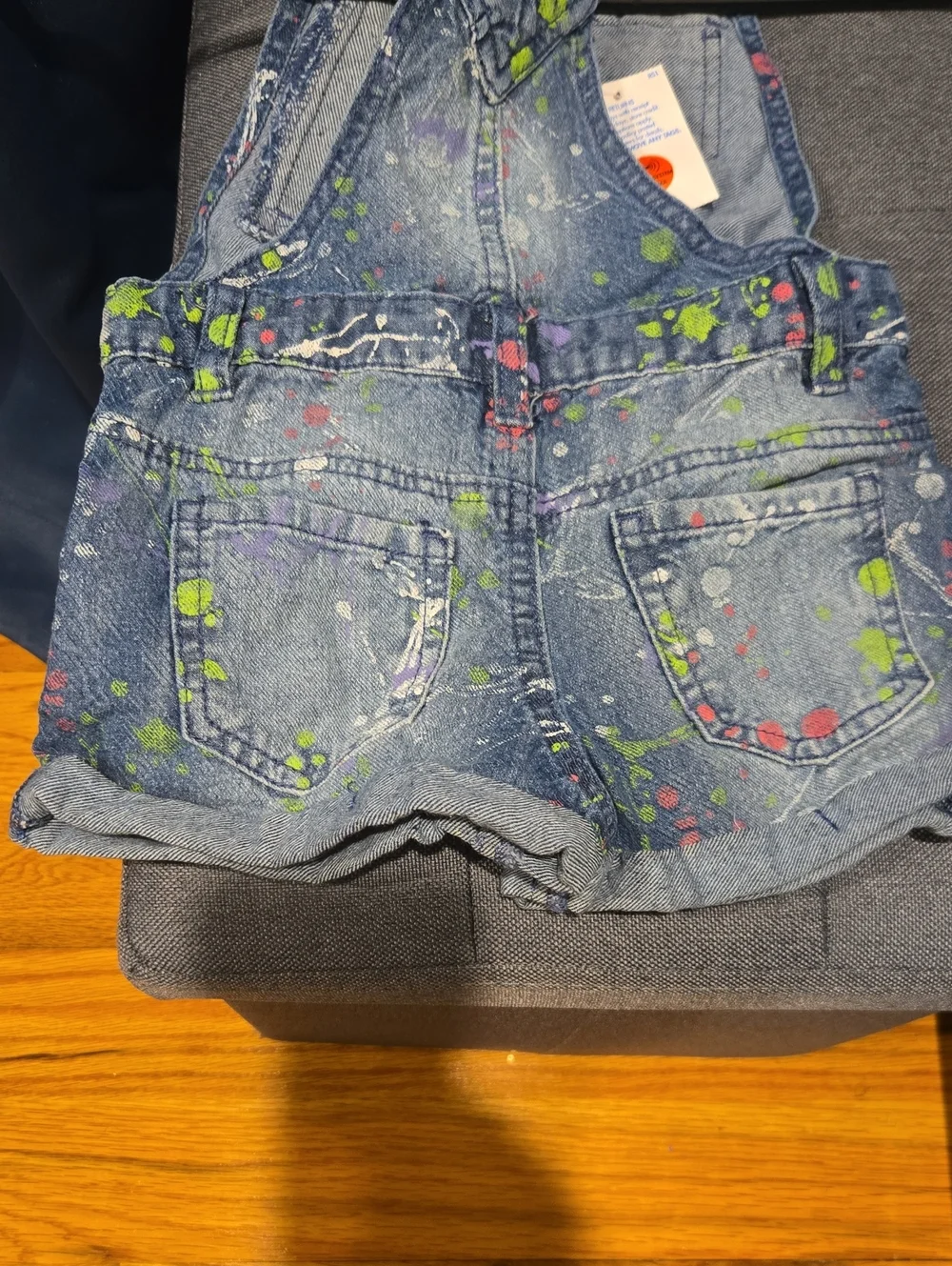 Girls Denim Paint-Splatter Short Overalls - Blue with Neon Accents